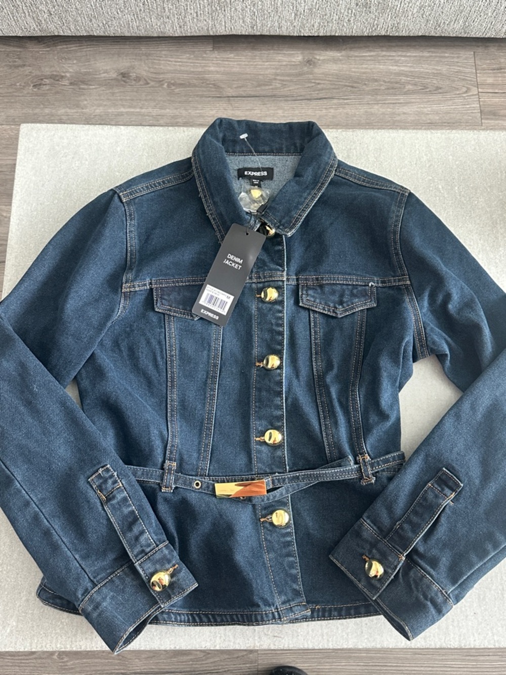 Express Dark Indigo Jean Jacket with Gold Buttons and Waist Belt
